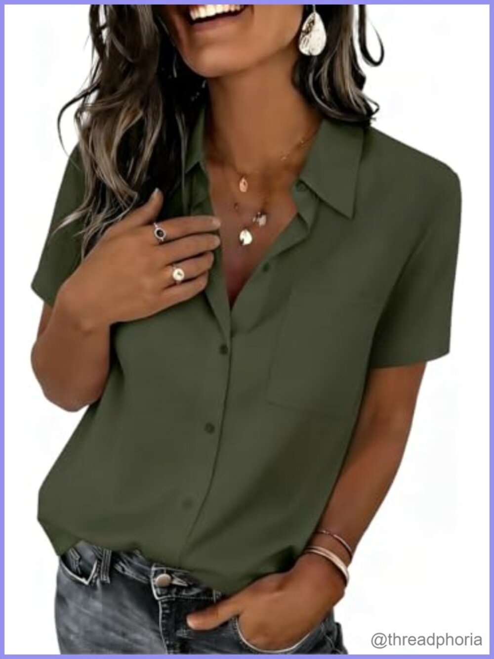 Women's Short Sleeve Button Down V Neck Top